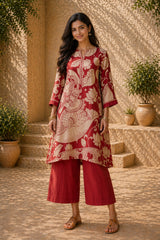 Rust Kalamkari Print Kurta Set with Embroidery - Ethnic Wear for Women