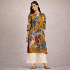 Chitra Kalamkari Print Kurta & Relaxed Pants Set (Mustard Yellow & Multi-Colored)