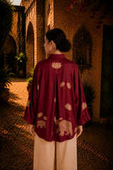 Maroon Kalamkari Elephant & Lotus Print Oversized Cotton Shirt – Premium Relaxed Fit Ethnic Fusion Top for Women