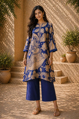 Royal Blue Kurta Set with Embroidery and Kalamkari Print