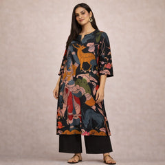 Chitra Kalamkari Print Kurta & Relaxed Pants Set (Black & Multi-Colored)