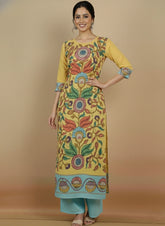 Elegant Yellow & Aqua Floral Art Cotton Kurta Set – Ethnic Charm for Women