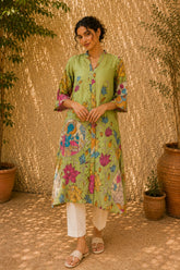 Vrindika Premium Cotton Printed Kurta Set with Pants – Pista Green Floral Ethnic Wear