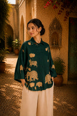 Green Kalamkari Elephant & Lotus Print Oversized Cotton Shirt – Premium Relaxed Fit Ethnic Fusion Top for Women