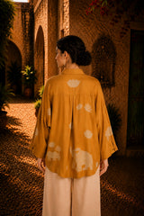 Yellow Kalamkari Elephant & Lotus Print Oversized Cotton Shirt – Premium Relaxed Fit Ethnic Fusion Top for Women