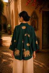 Green Kalamkari Elephant & Lotus Print Oversized Cotton Shirt – Premium Relaxed Fit Ethnic Fusion Top for Women
