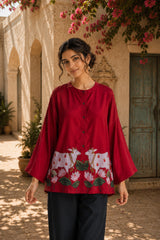 Surbhi Kalamkari Oversized Cotton Shirt for Women – Blood Red