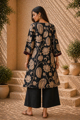 Black & Beige Kalamkari Kurta Set with Embroidery - Modern Ethnic Wear for Women