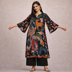 Chitra Kalamkari Print Kurta & Relaxed Pants Set (Black & Multi-Colored)