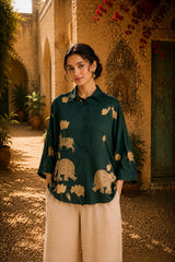 Green Kalamkari Elephant & Lotus Print Oversized Cotton Shirt – Premium Relaxed Fit Ethnic Fusion Top for Women