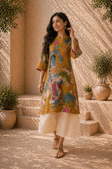 Chitra Kalamkari Print Kurta & Relaxed Pants Set (Mustard Yellow & Multi-Colored)