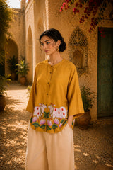 Surbhi Kalamkari Oversized Cotton Shirt for Women – Golden Yellow