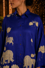 Royal Blue Kalamkari Elephant & Lotus Print Oversized Cotton Shirt – Premium Relaxed Fit Ethnic Fusion Top for Women
