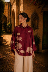 Maroon Kalamkari Elephant & Lotus Print Oversized Cotton Shirt – Premium Relaxed Fit Ethnic Fusion Top for Women
