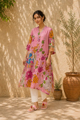 Vrindika Premium Cotton Printed Kurta Set with Pants – Pink Floral Ethnic Wear