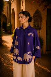 Purple Kalamkari Elephant & Lotus Print Oversized Cotton Shirt | Premium Relaxed Fit Ethnic Fusion Top for Women