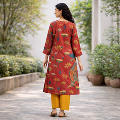 Rasika Kalamkari Print Premium Fabric Kurta Set with Pants for Women - Rust