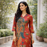Rasika Kalamkari Print Premium Fabric Kurta Set with Pants for Women - Rust