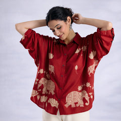Red Kalamkari Elephant & Lotus Print Oversized Cotton Shirt – Premium Relaxed Fit Ethnic Fusion Top for Women