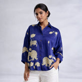 Royal Blue Kalamkari Elephant & Lotus Print Oversized Cotton Shirt – Premium Relaxed Fit Ethnic Fusion Top for Women