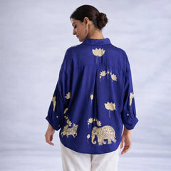 Royal Blue Kalamkari Elephant & Lotus Print Oversized Cotton Shirt – Premium Relaxed Fit Ethnic Fusion Top for Women
