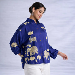 Royal Blue Kalamkari Elephant & Lotus Print Oversized Cotton Shirt – Premium Relaxed Fit Ethnic Fusion Top for Women