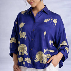 Royal Blue Kalamkari Elephant & Lotus Print Oversized Cotton Shirt – Premium Relaxed Fit Ethnic Fusion Top for Women