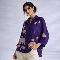 Purple Kalamkari Elephant & Lotus Print Oversized Cotton Shirt | Premium Relaxed Fit Ethnic Fusion Top for Women