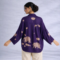 Purple Kalamkari Elephant & Lotus Print Oversized Cotton Shirt | Premium Relaxed Fit Ethnic Fusion Top for Women