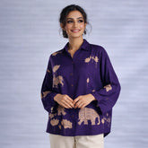 Purple Kalamkari Elephant & Lotus Print Oversized Cotton Shirt | Premium Relaxed Fit Ethnic Fusion Top for Women