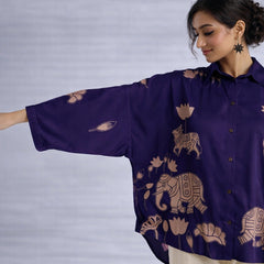 Purple Kalamkari Elephant & Lotus Print Oversized Cotton Shirt | Premium Relaxed Fit Ethnic Fusion Top for Women