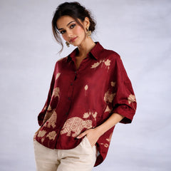 Maroon Kalamkari Elephant & Lotus Print Oversized Cotton Shirt – Premium Relaxed Fit Ethnic Fusion Top for Women