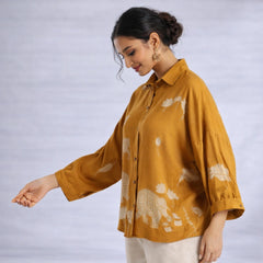 Yellow Kalamkari Elephant & Lotus Print Oversized Cotton Shirt – Premium Relaxed Fit Ethnic Fusion Top for Women