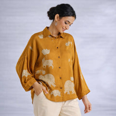 Yellow Kalamkari Elephant & Lotus Print Oversized Cotton Shirt – Premium Relaxed Fit Ethnic Fusion Top for Women