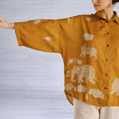 Yellow Kalamkari Elephant & Lotus Print Oversized Cotton Shirt – Premium Relaxed Fit Ethnic Fusion Top for Women