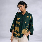 Green Kalamkari Elephant & Lotus Print Oversized Cotton Shirt – Premium Relaxed Fit Ethnic Fusion Top for Women