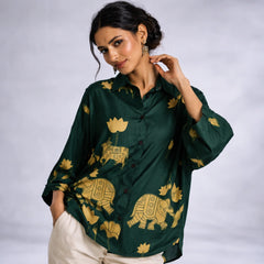 Green Kalamkari Elephant & Lotus Print Oversized Cotton Shirt – Premium Relaxed Fit Ethnic Fusion Top for Women