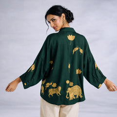 Green Kalamkari Elephant & Lotus Print Oversized Cotton Shirt – Premium Relaxed Fit Ethnic Fusion Top for Women