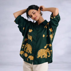 Green Kalamkari Elephant & Lotus Print Oversized Cotton Shirt – Premium Relaxed Fit Ethnic Fusion Top for Women