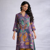 Rasika Kalamkari Print Premium Fabric Kurta Set with Pants for Women - Mauve