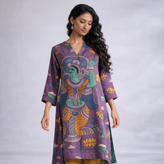 Rasika Kalamkari Print Premium Fabric Kurta Set with Pants for Women - Mauve