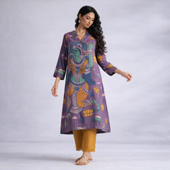 Rasika Kalamkari Print Premium Fabric Kurta Set with Pants for Women - Mauve