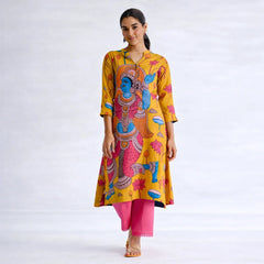 Rasika Kalamkari Print Premium Fabric Kurti Set with Pants for Women - Yellow