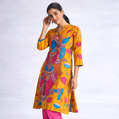 Rasika Kalamkari Print Premium Fabric Kurti Set with Pants for Women - Yellow