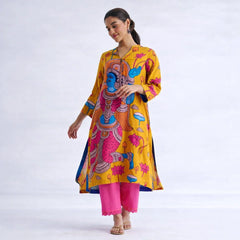 Rasika Kalamkari Print Premium Fabric Kurti Set with Pants for Women - Yellow