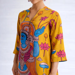 Rasika Kalamkari Print Premium Fabric Kurti Set with Pants for Women - Yellow