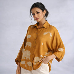 Yellow Kalamkari Elephant & Lotus Print Oversized Cotton Shirt – Premium Relaxed Fit Ethnic Fusion Top for Women