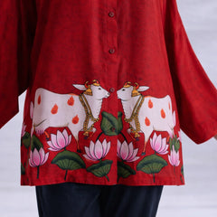 Surbhi Kalamkari Oversized Cotton Shirt for Women – Blood Red