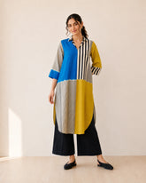 Retro Electric Blue & Ochre Yellow Cotton Kurti Set