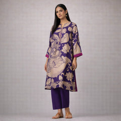 Violet Kalamkari Print Kurta Set with Embroidery - Traditional Ethnic Wear for Women